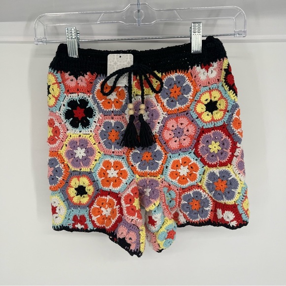 OCEANUS Ava Rainbow Colorful Handmade Drawstring Beach Crochet Shorts XS NWT - Picture 3 of 8